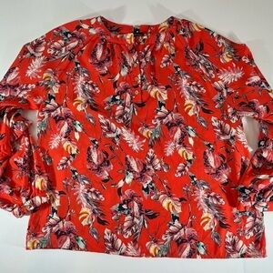 BUCKLE BLACK Red Abstract Feathers Palms Floral Blouse Size XL Whimsy Career